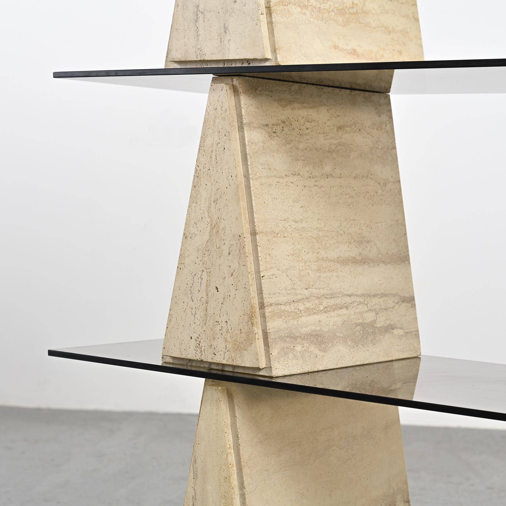 Travertine and smoked glass bookcase, Italy, circa 1970