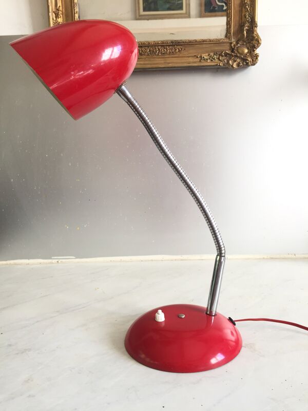 Lampe bauhaus métal laqué rouge&flexible chromé/c1950/design vintage