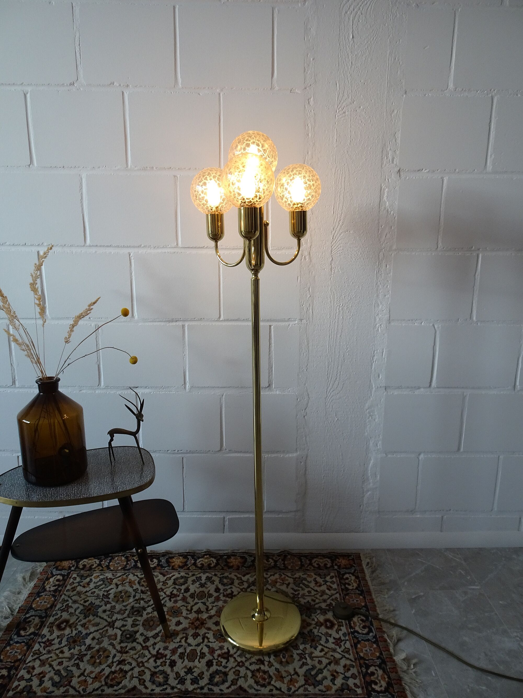 large golden floor lamp by Sölken Leuchten with four glass spheres, Mid Century floor lamp