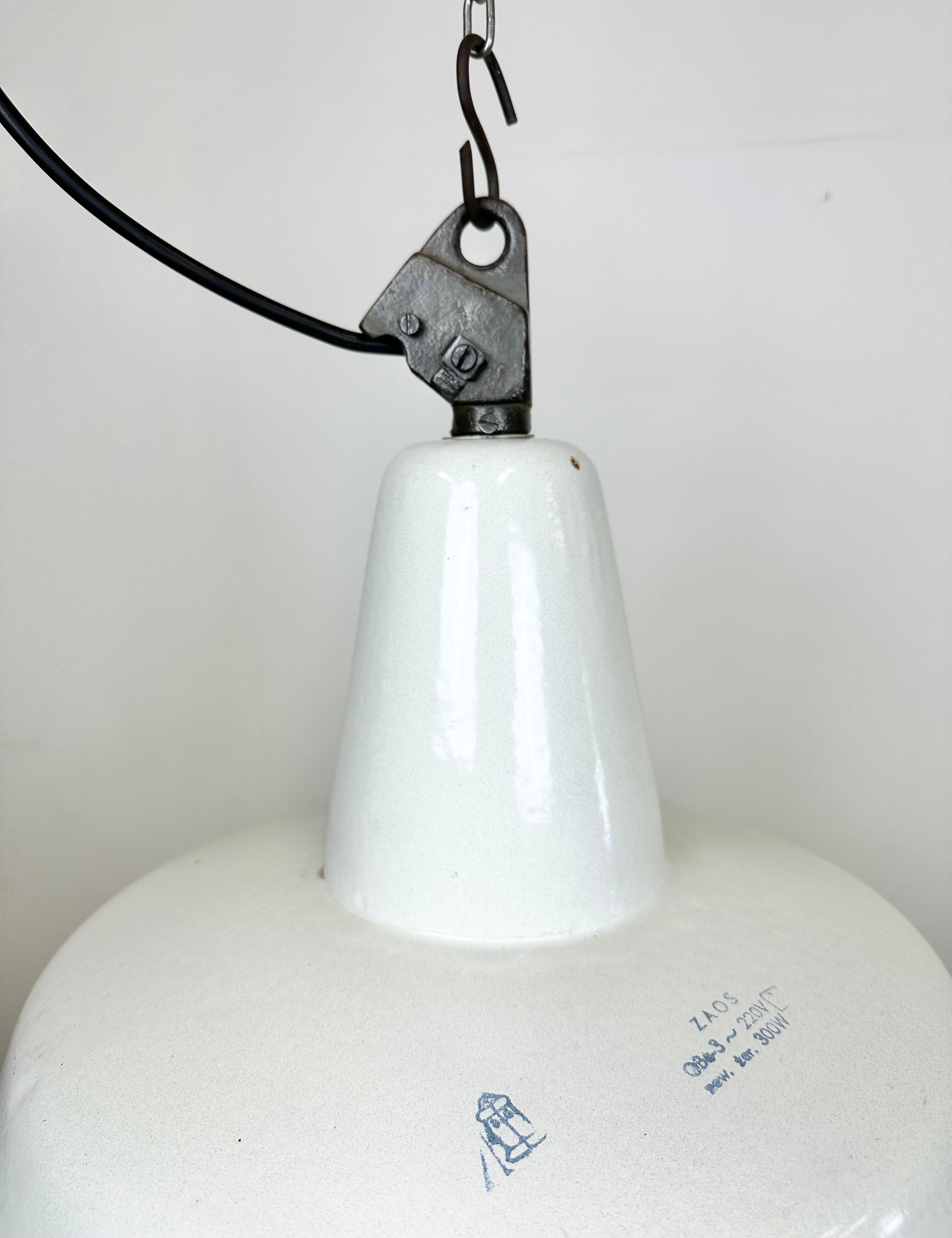 Industrial white enamel factory pendant lamp from zaos, 1960s