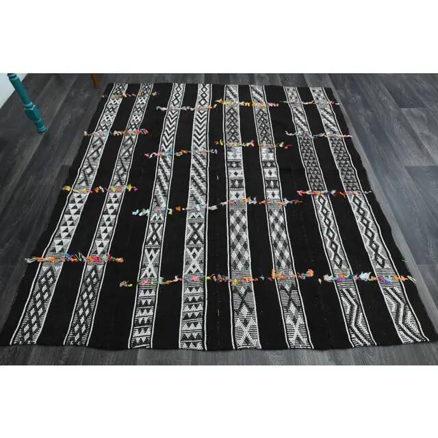 1970s Vintage Turkish Oushak Handmade Wool Cotton Black Runner Rug 169x190