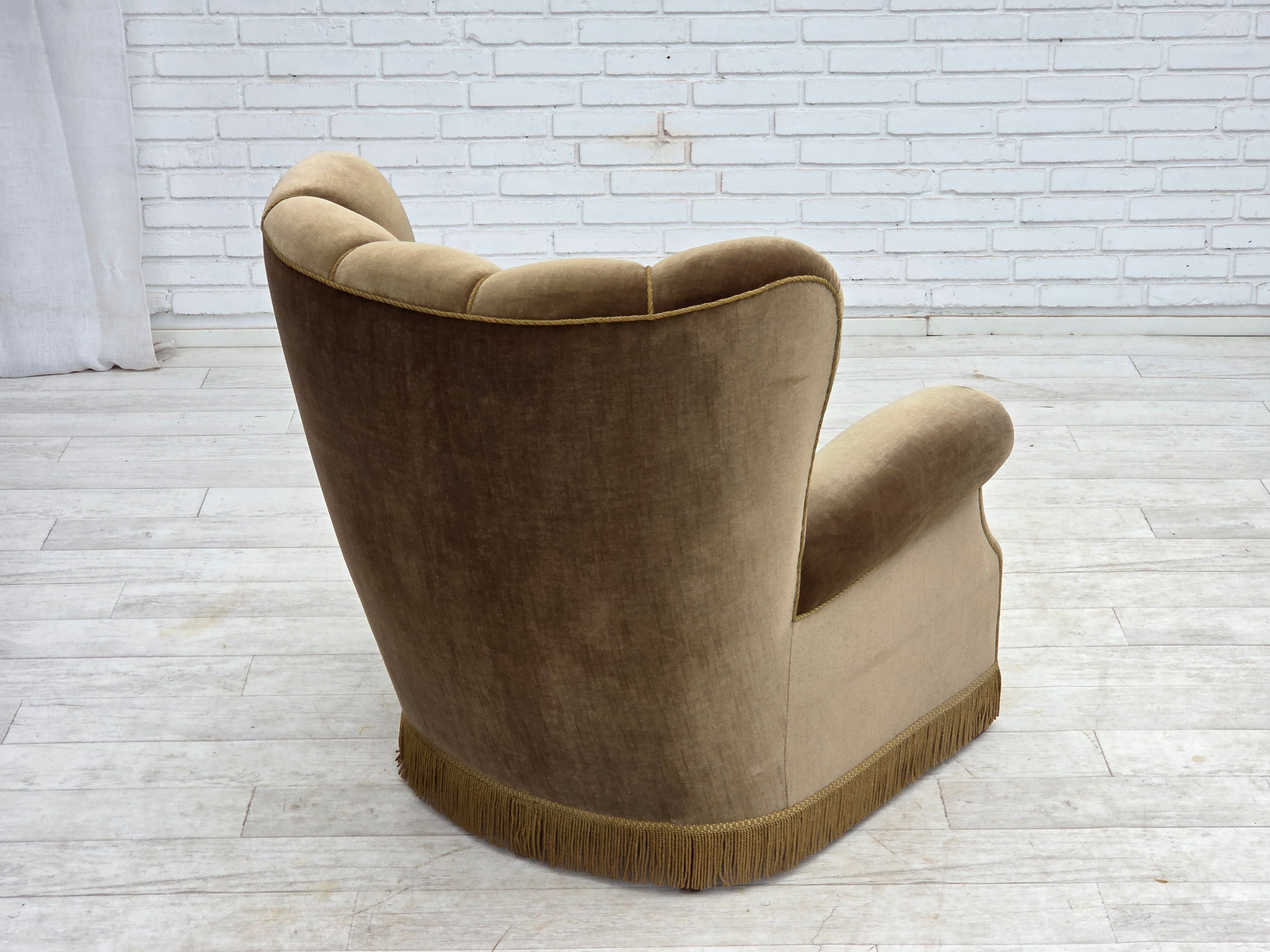 1960s, Danish relax armchair, dark green furniture velour, ash wood.