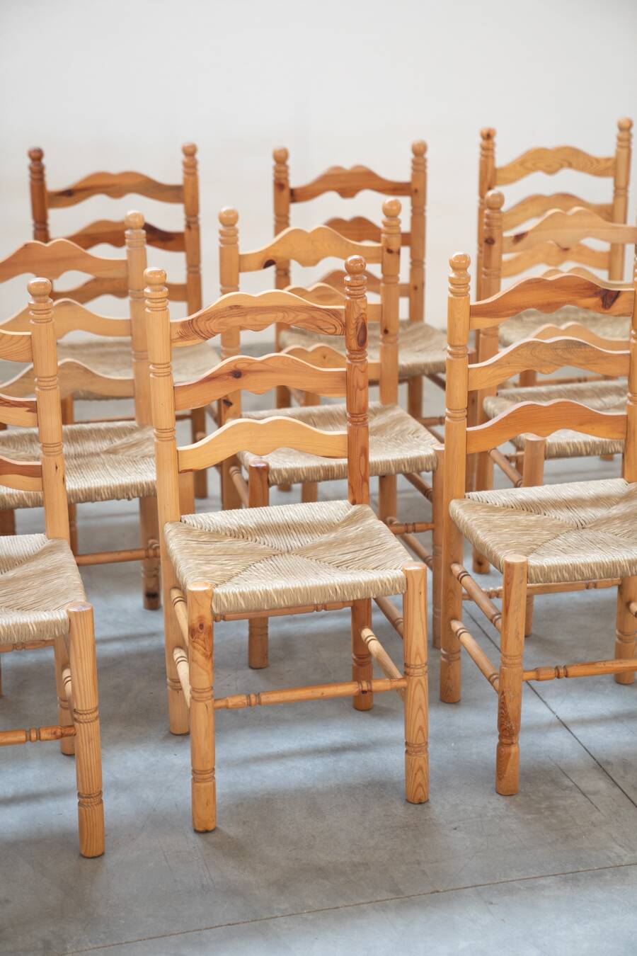 Rustic Friulian chairs with turned legs, set of 12, 1980-1990