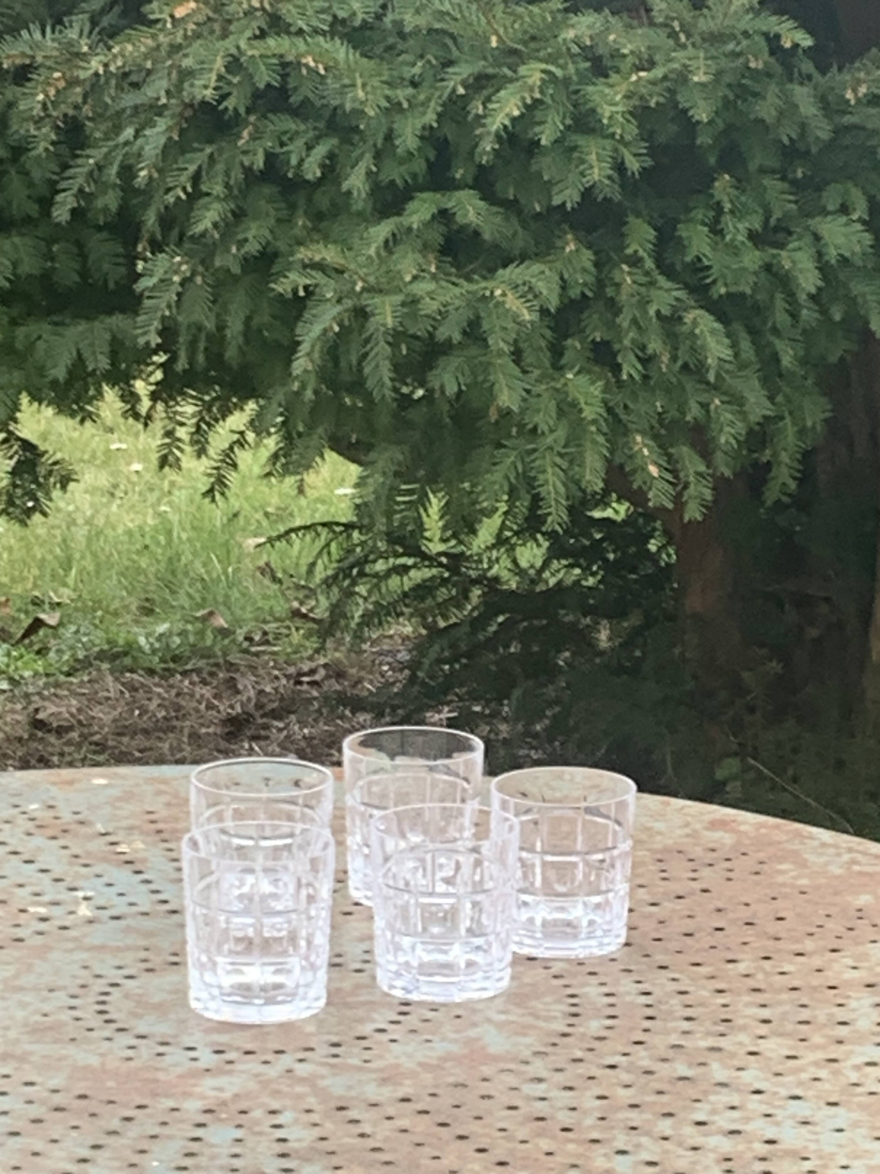 5 whisky glasses, Cristal Bayel stamps, transparent crystal with patterns