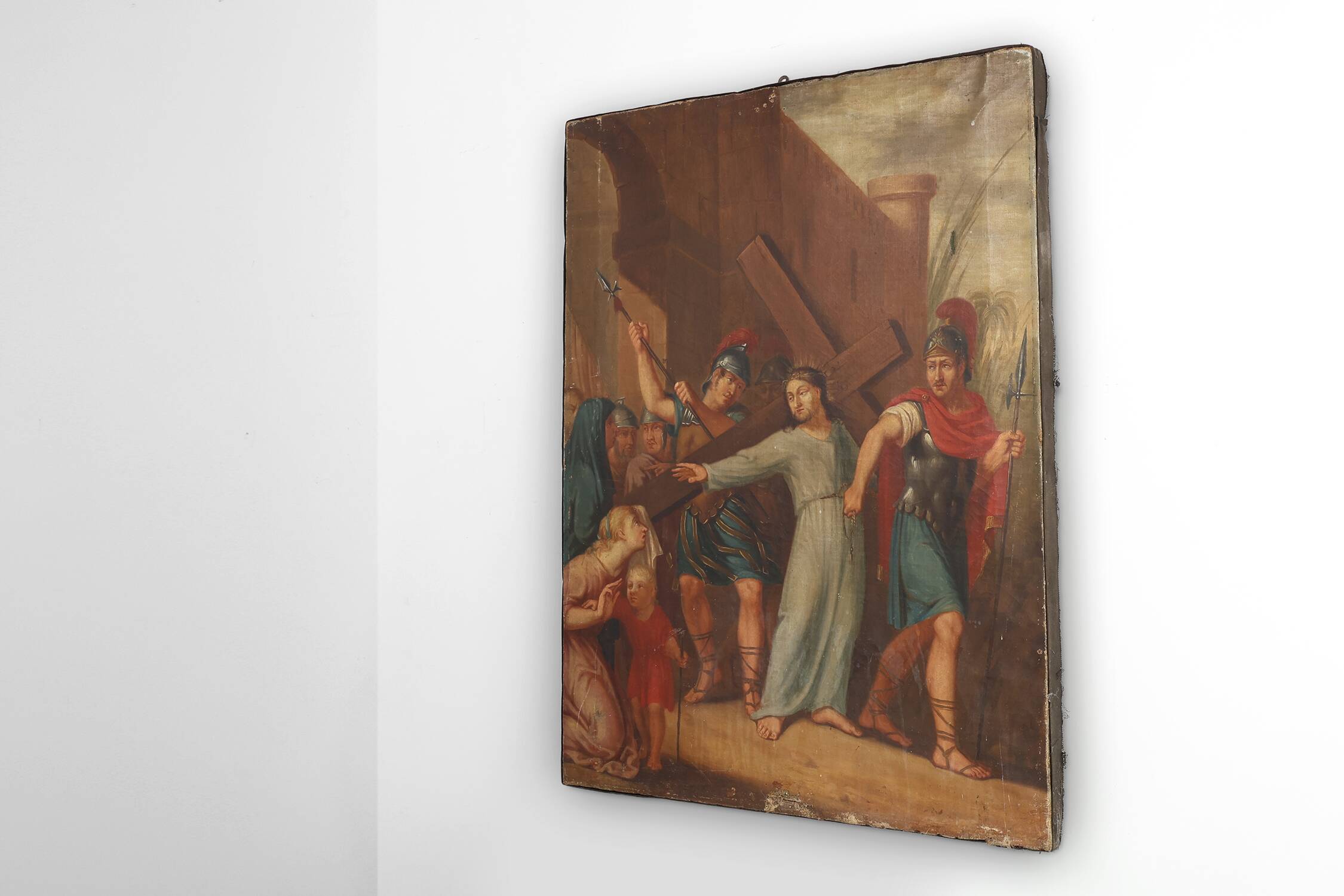 Peinture religieuse de la Passion du Christ à l'huile sur toile, Belgique vers 1900