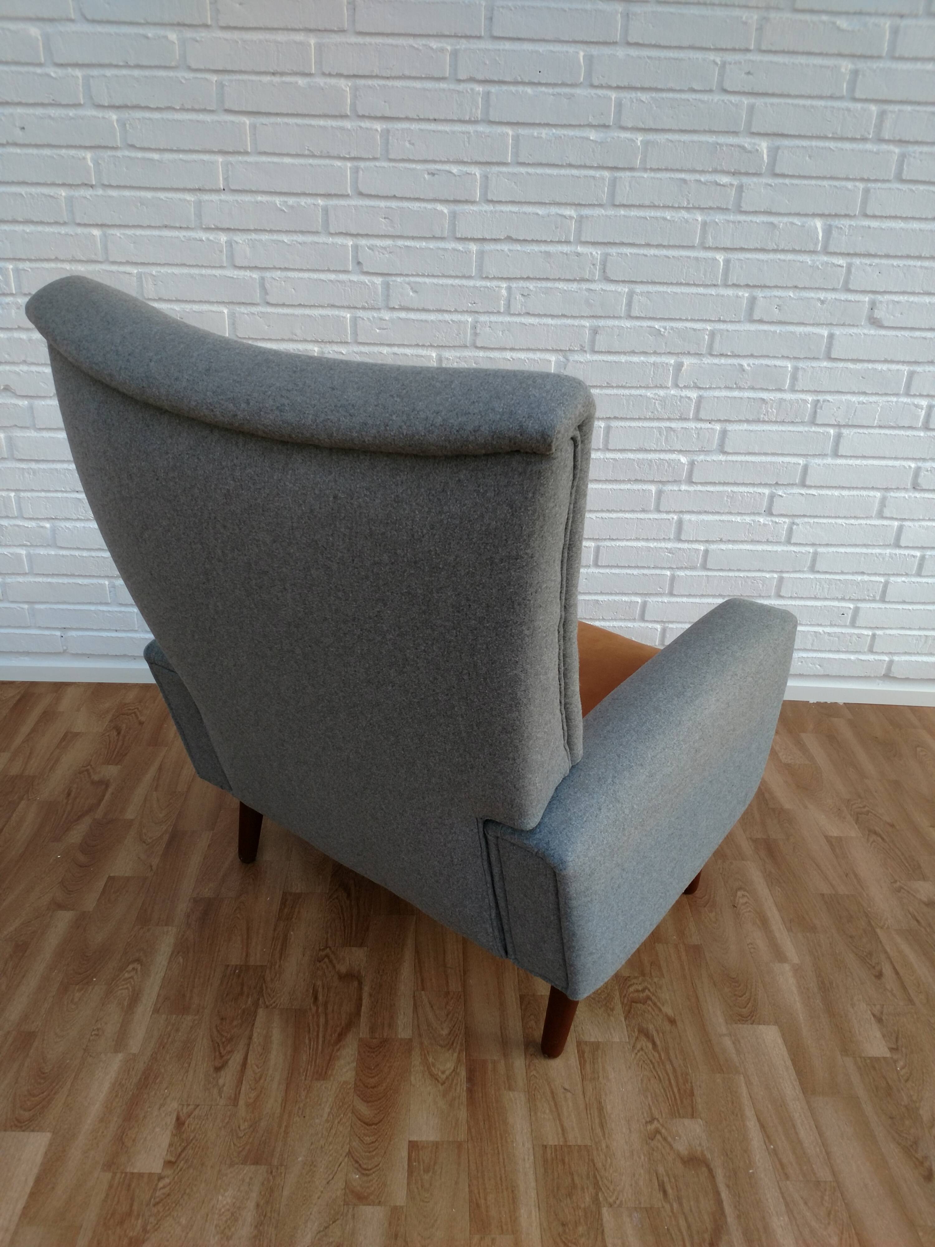 Danish designed armchair 70's, wool, nubuck leather, completely renovated