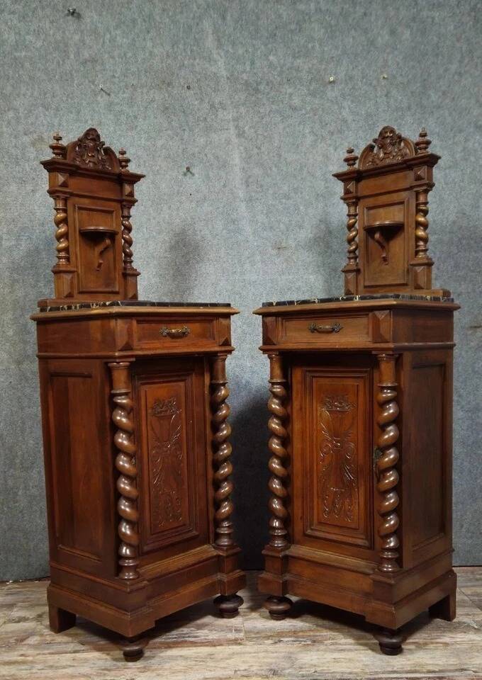Pair of small side tables or bedside tables from the Napoléon III period, in walnut.