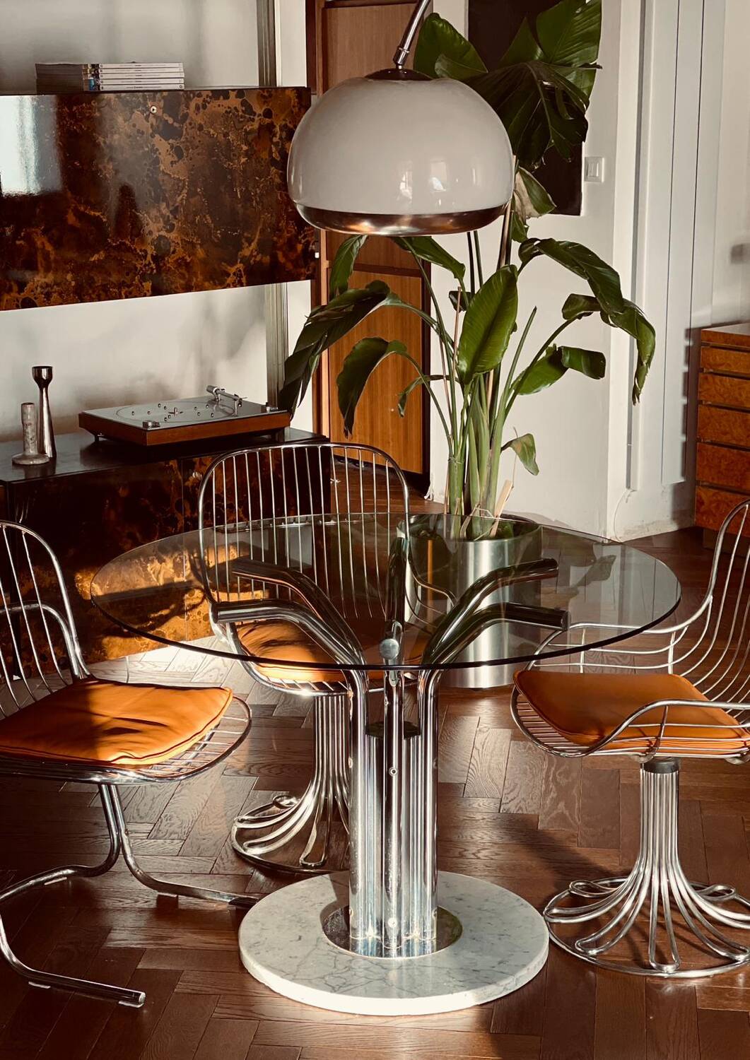 Dining table glass chrome and marble 1970s Italian vintage design