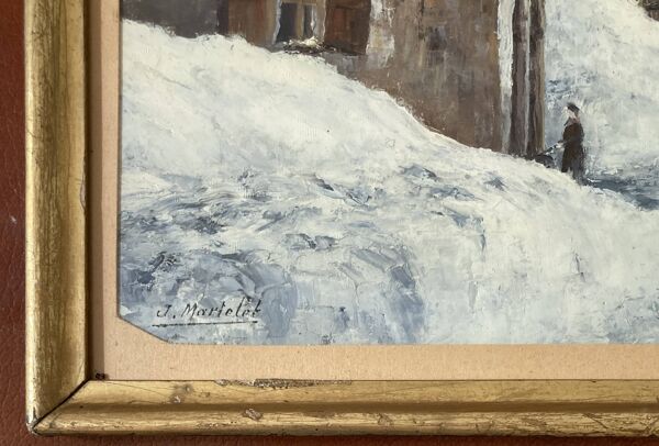 Tableau ancien - Village sous la neige - Montgenèvre - Hautes Alpes