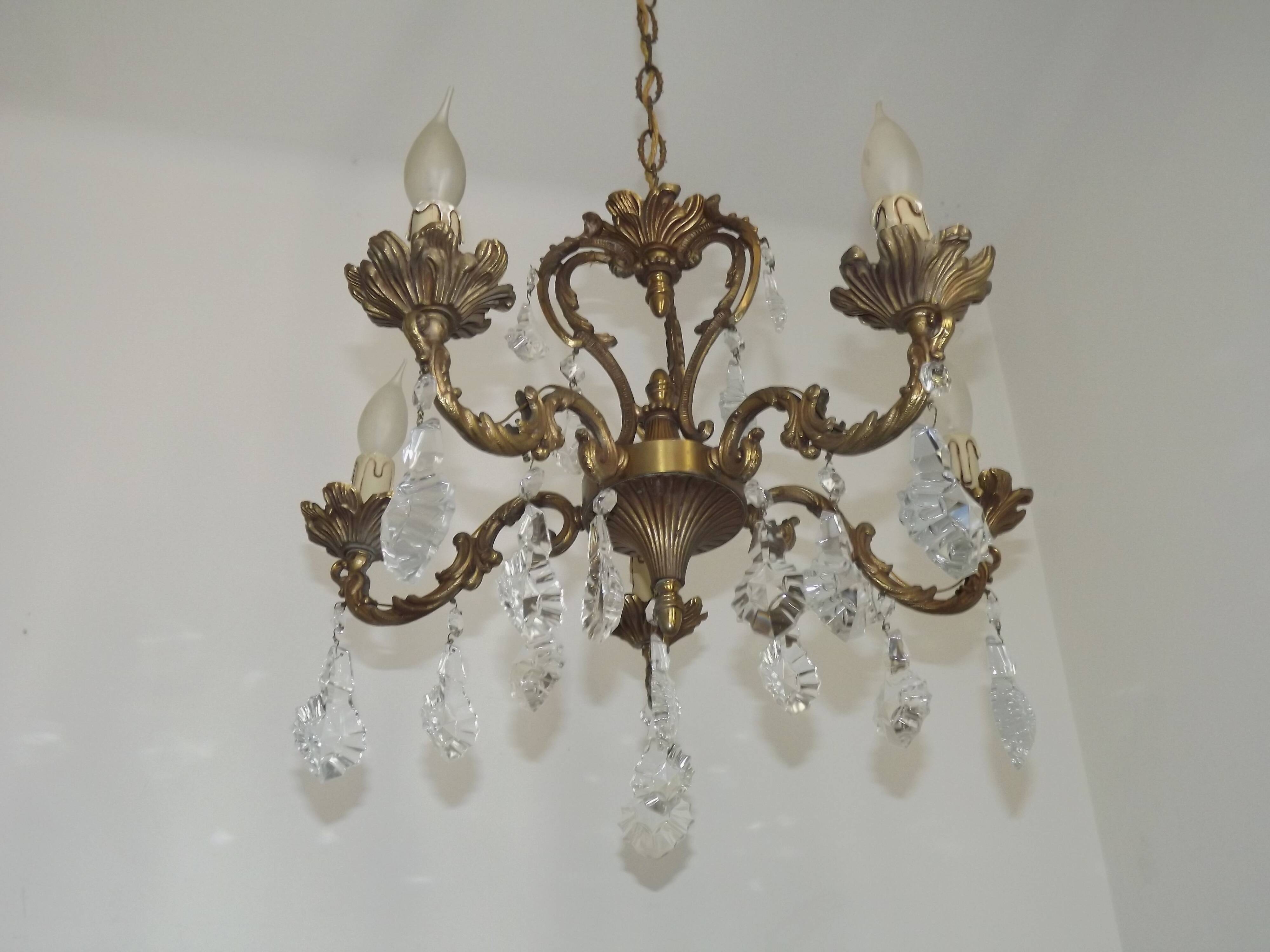 French Art Nouveau 5-Light Bronze 3 sided Crystal Cage Chandelier