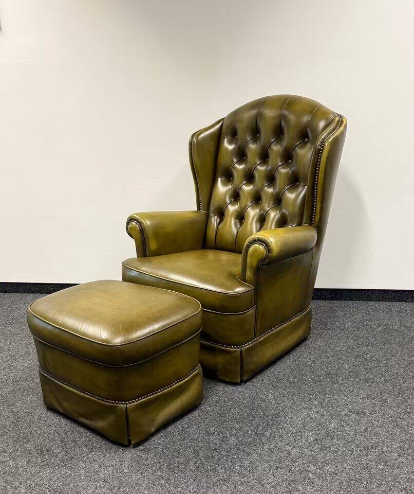 Original English Chesterfield Wingback Chair & Footstool -Retro Green
