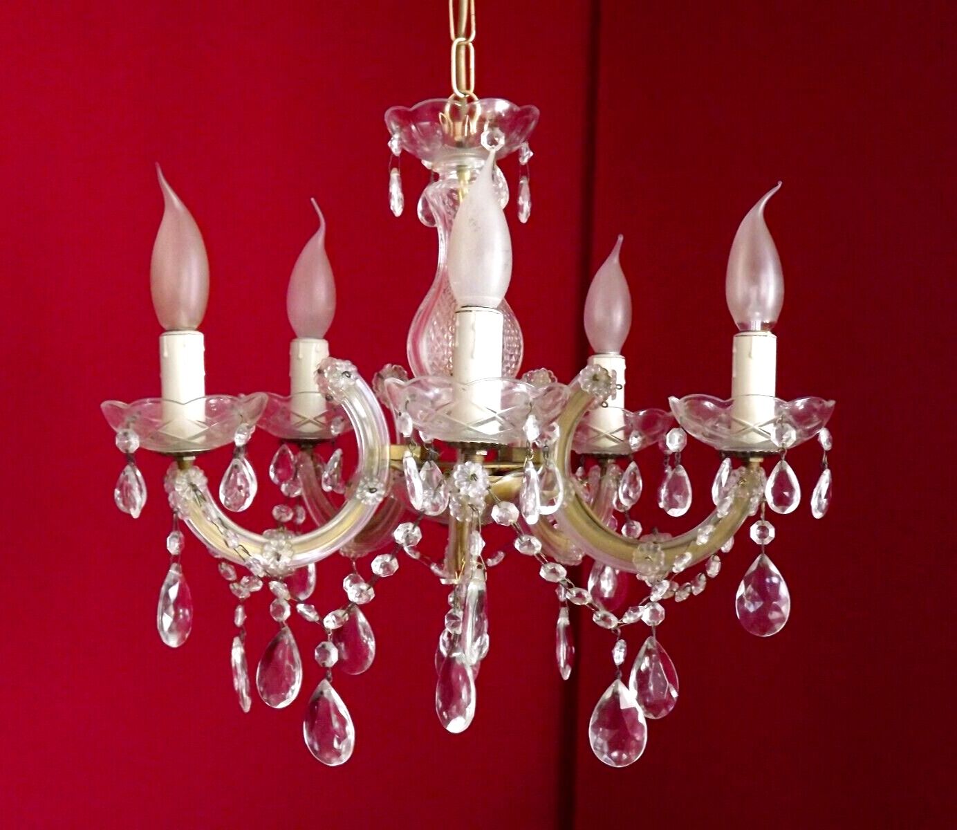 Vintage french metal crystal and glass 5 arm paris chic style chandelier 4228