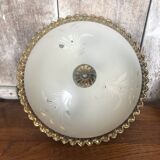 Ancien plafonnier verre gravé + contour métal doré vintage