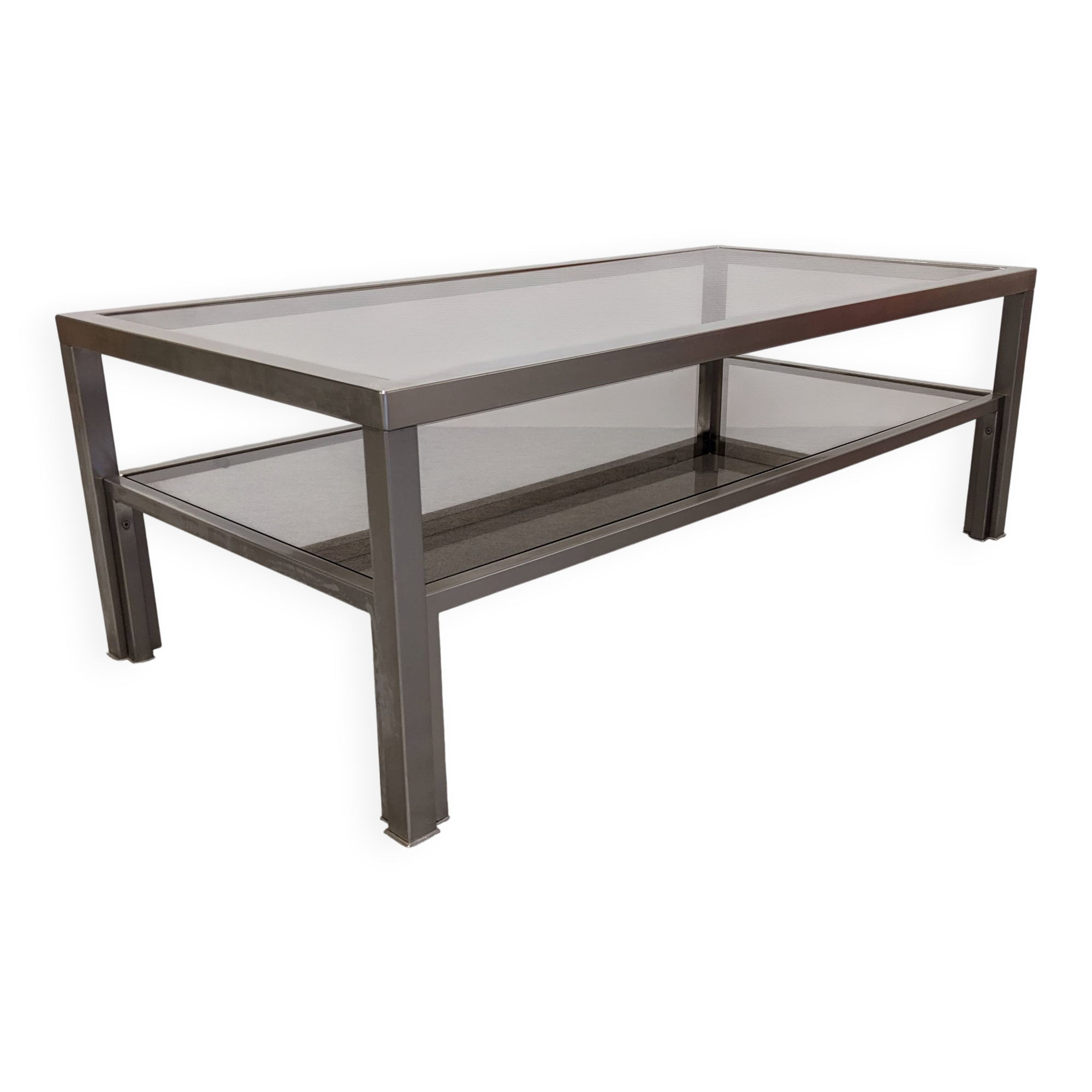 Table basse à 2 plateaux en inox brossé et verre fumé, France vers 1970