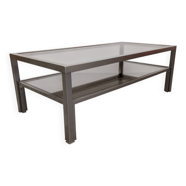 Table basse à 2 plateaux en inox brossé et verre fumé, France vers 1970