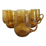 Amber blown glass mug glasses, 70s