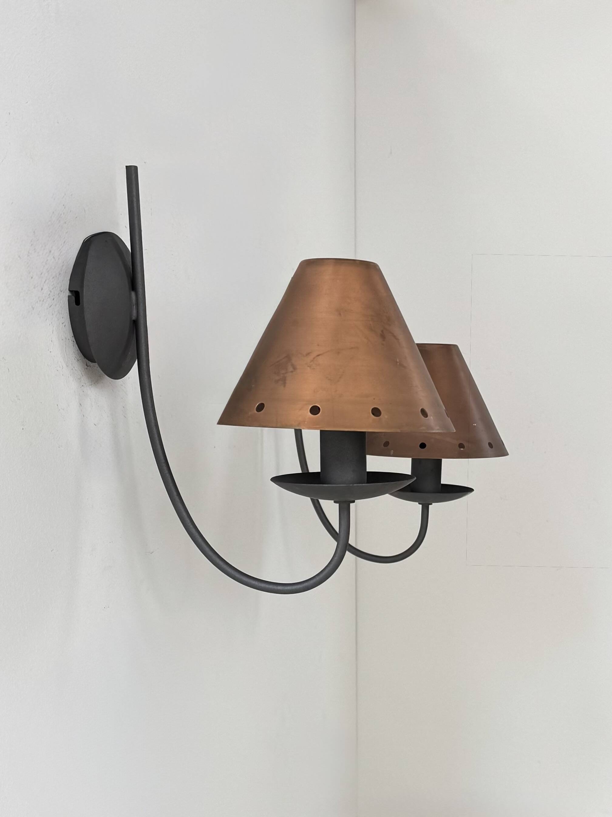 Pair of vintage wall lights, copper and black lacquered metal, France, 1970.