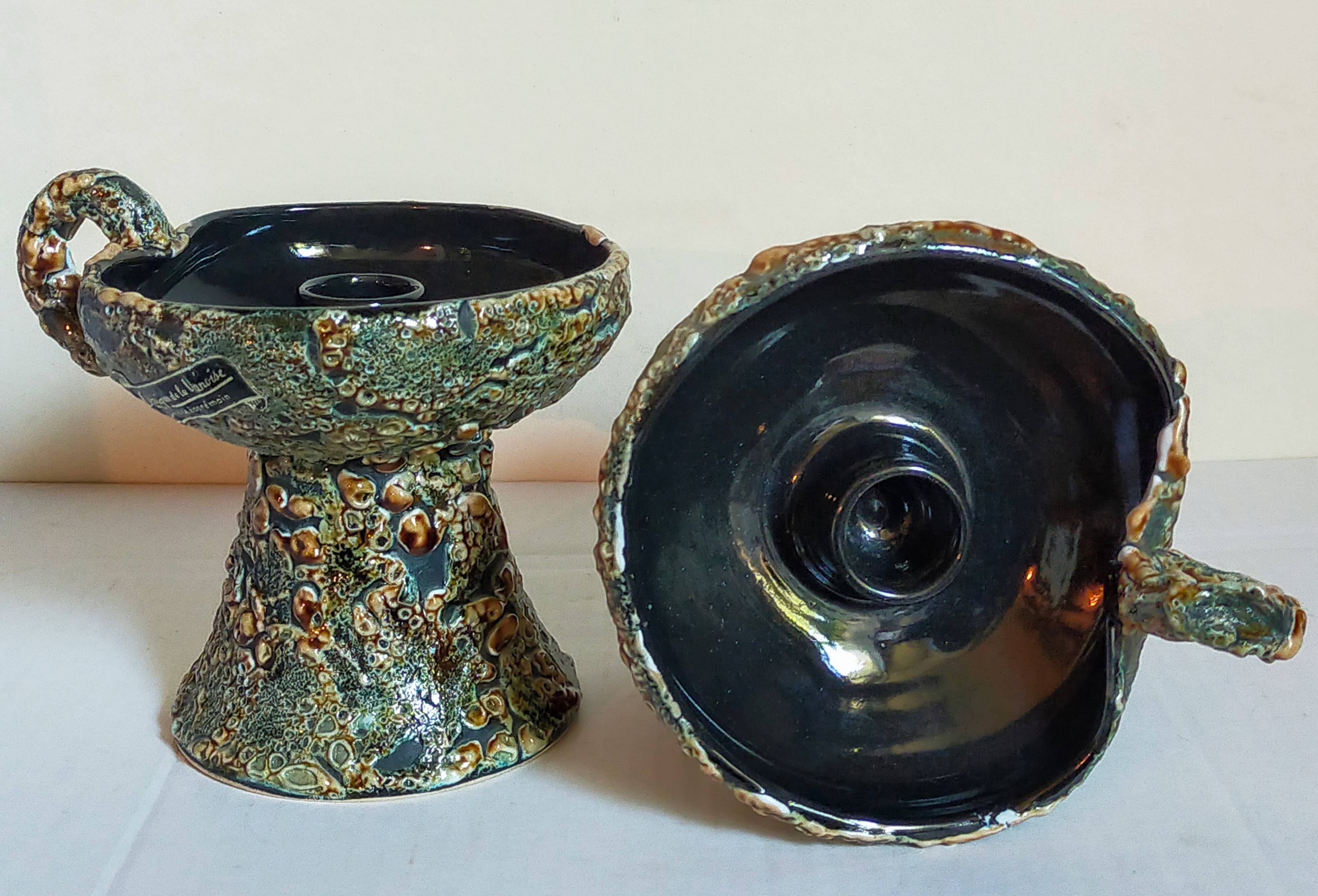 Pair of vintage Vanoise honey foam ceramic candlesticks