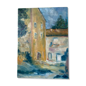 Peinture contemporaine village coloré