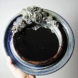 Round wall mirror in blue stoneware La Borne Catido floral decoration 1960 - Accidents