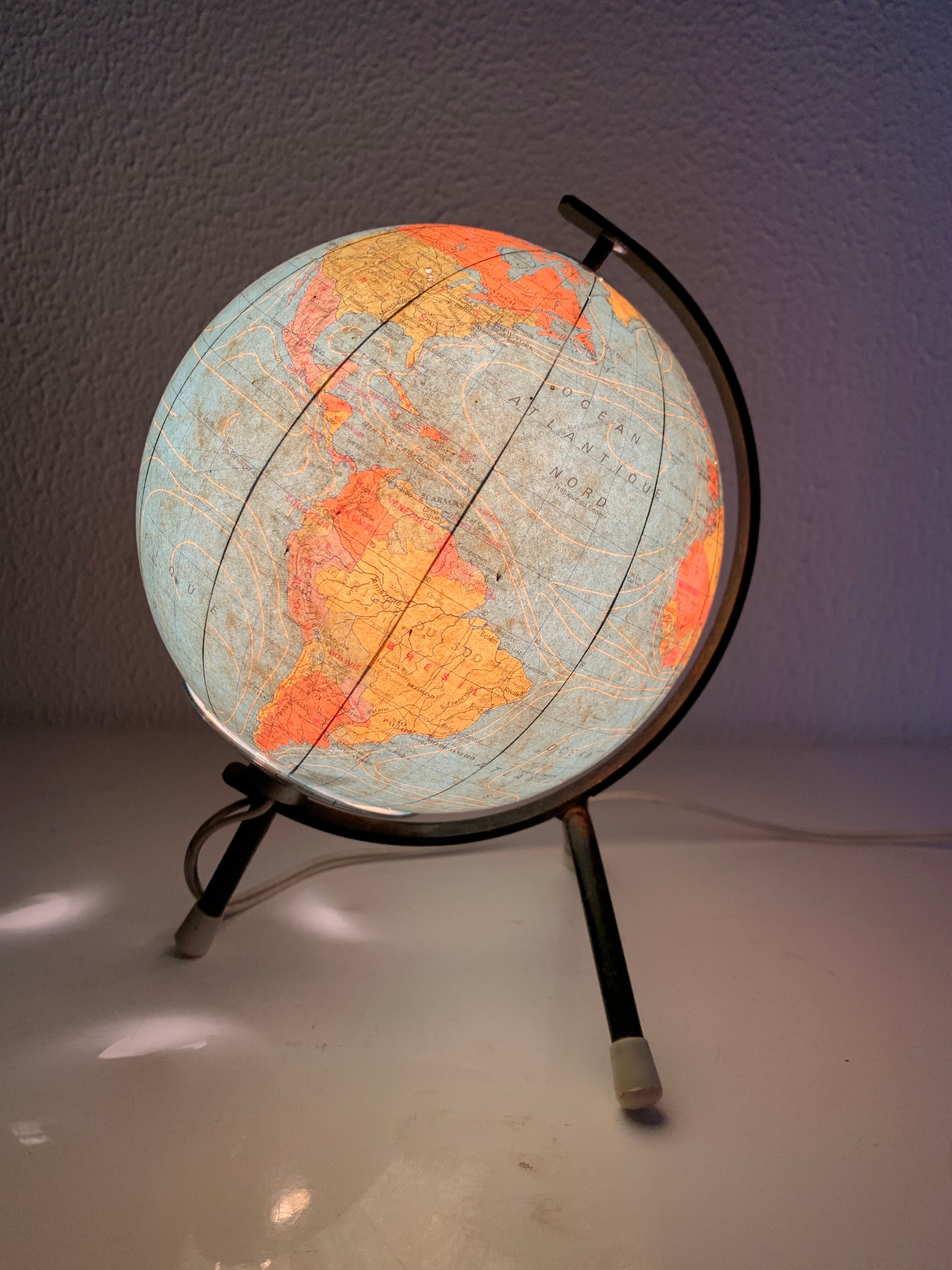 Globe vintage 1972 terrestre verre Taride tripode - 22 cm
