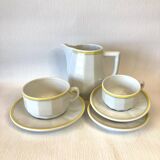 Ensemble Pichet Tasses  Bistrot Apilco ancien blanc liseré jaune et vert