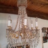 Lustre pampilles ancien cristal et verre taillé signé Portieux  6 feux