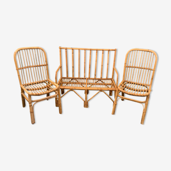 Set 3 pieces in rattan bench and 2 chairs from the 1970s.