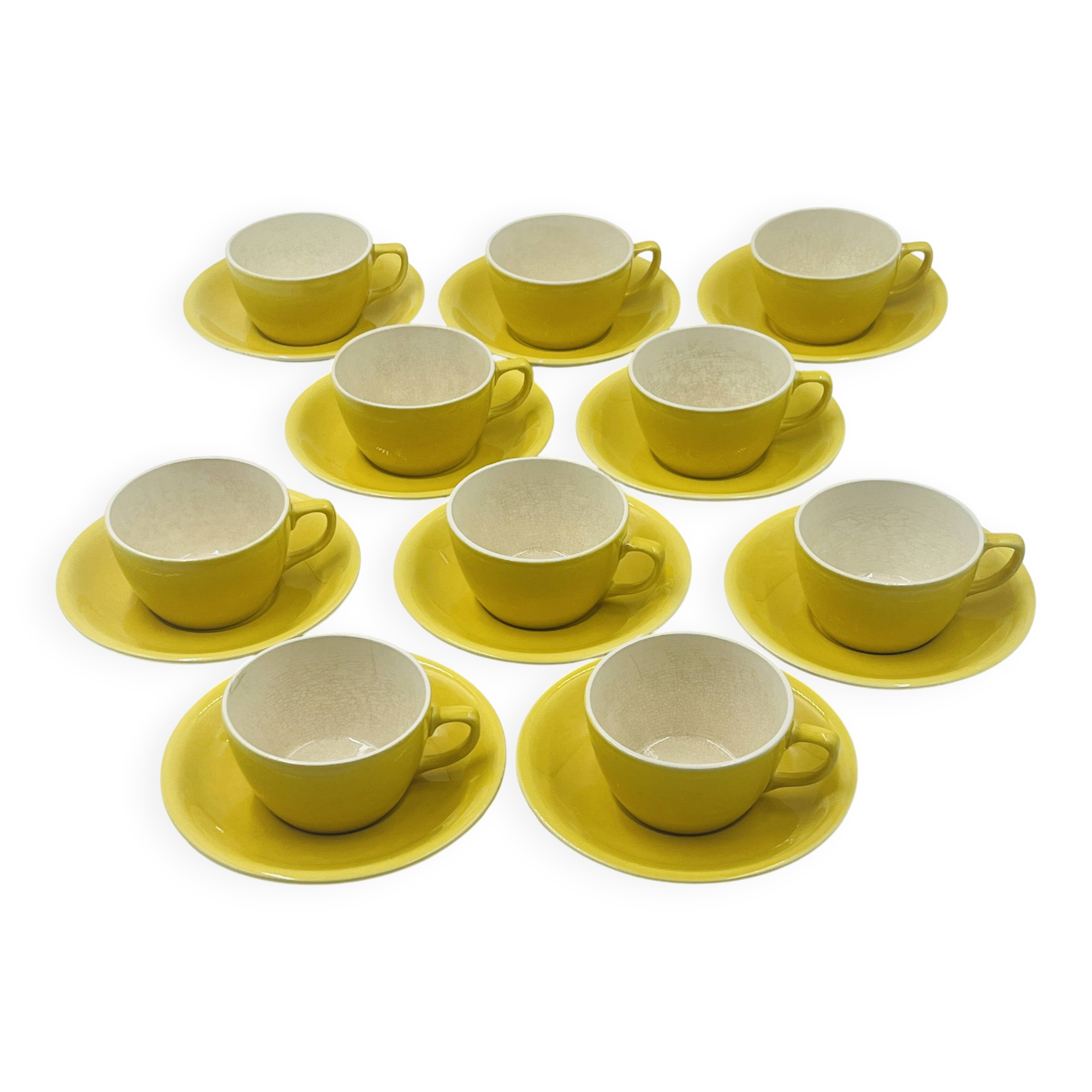 Service 10 tasses jaune Boch Belgique vintage