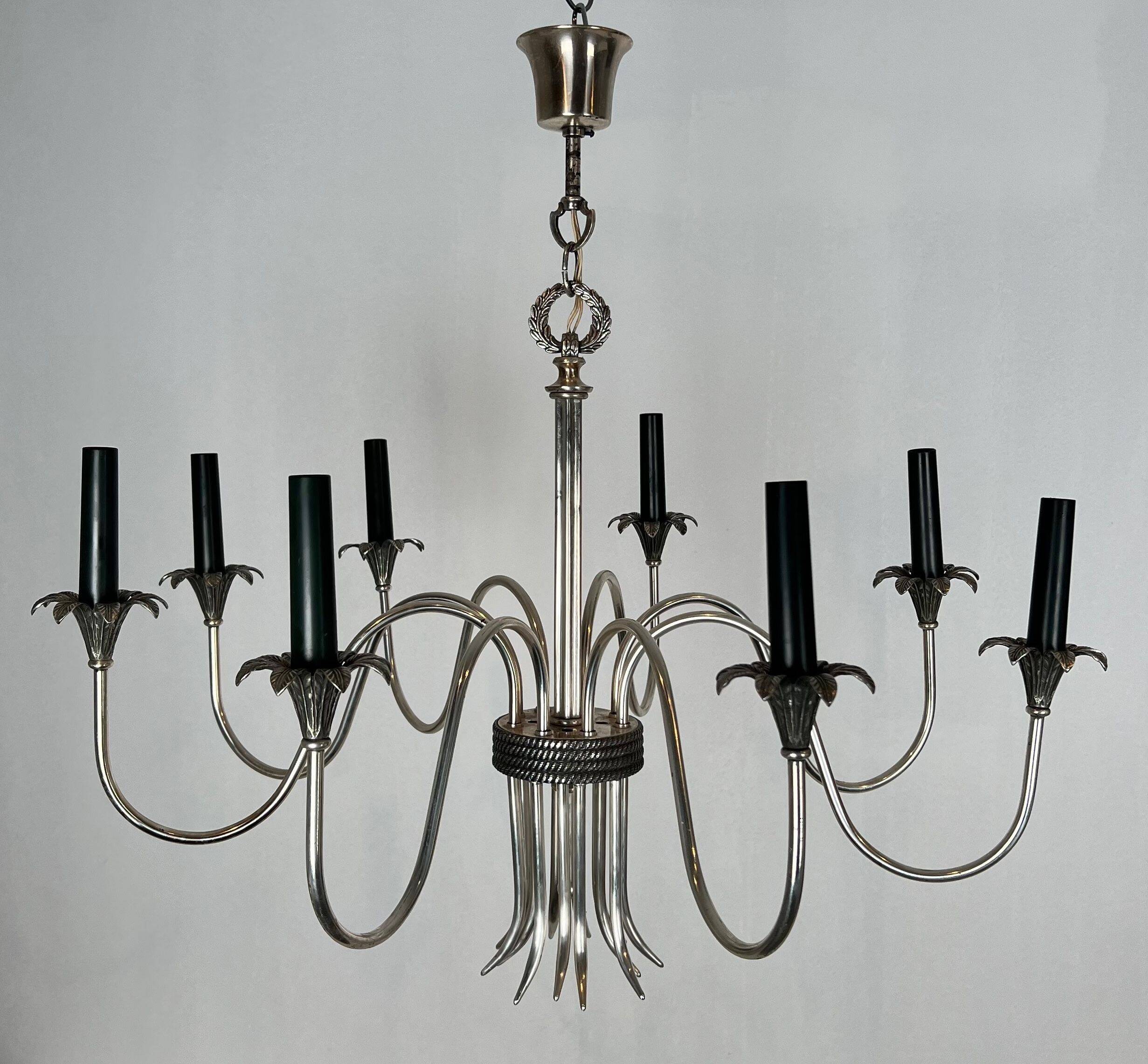 Neoclassical style chandelier in silver-plated metal by the house of Charles.