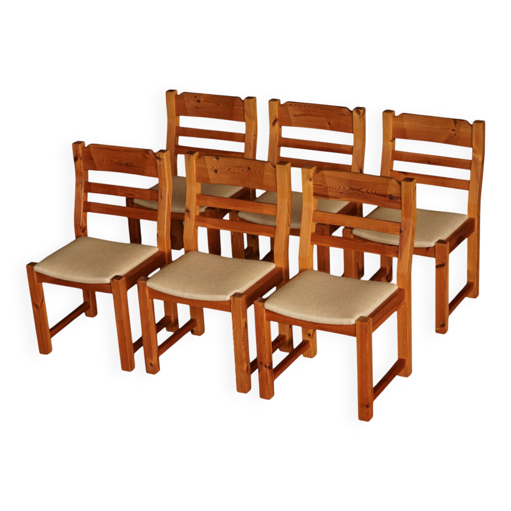 Set of 6 brutalist pine chairs, Hans Frydendal, Danish modernism, 1970s.
