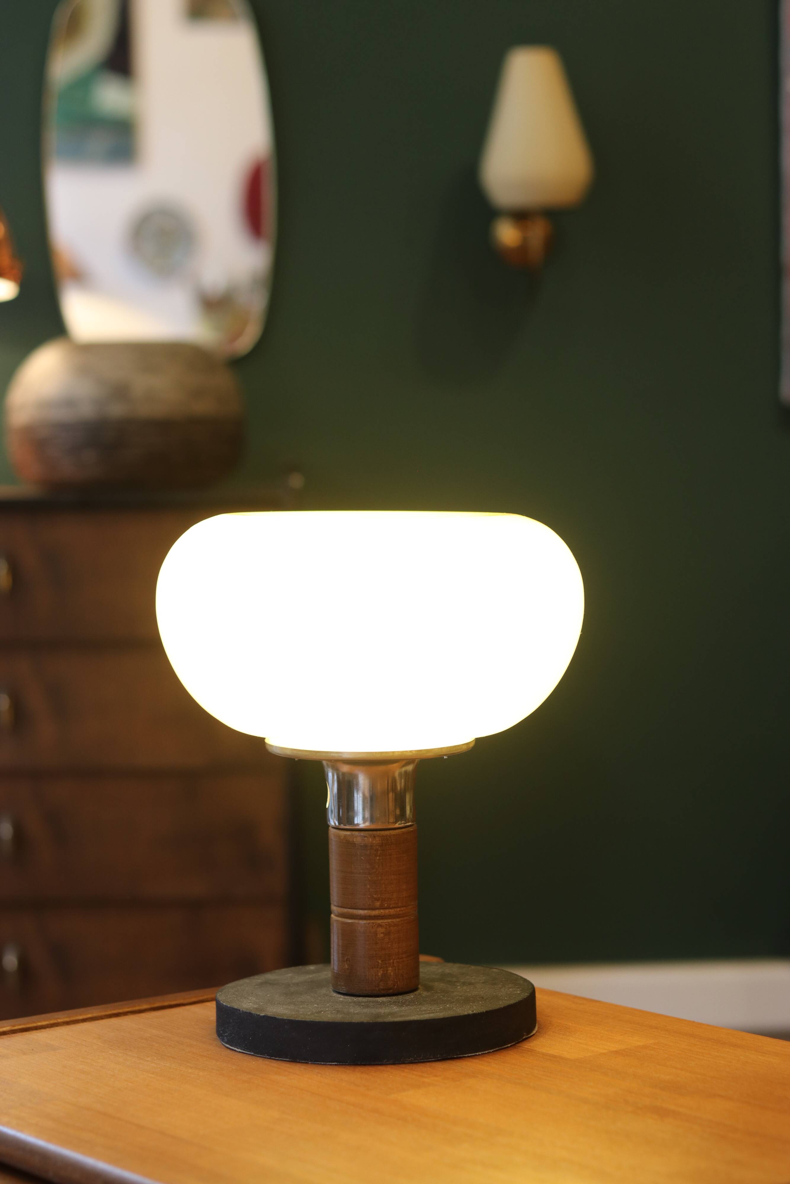 Mid-century vintage lamp — amber glass globe, 1960s