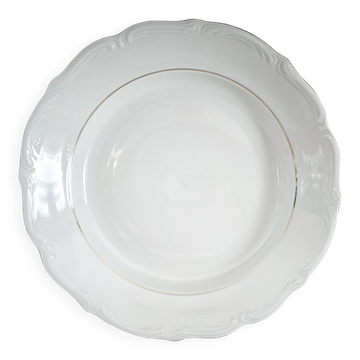 Hollow round plate in porcelain, double gold rim manufacture.