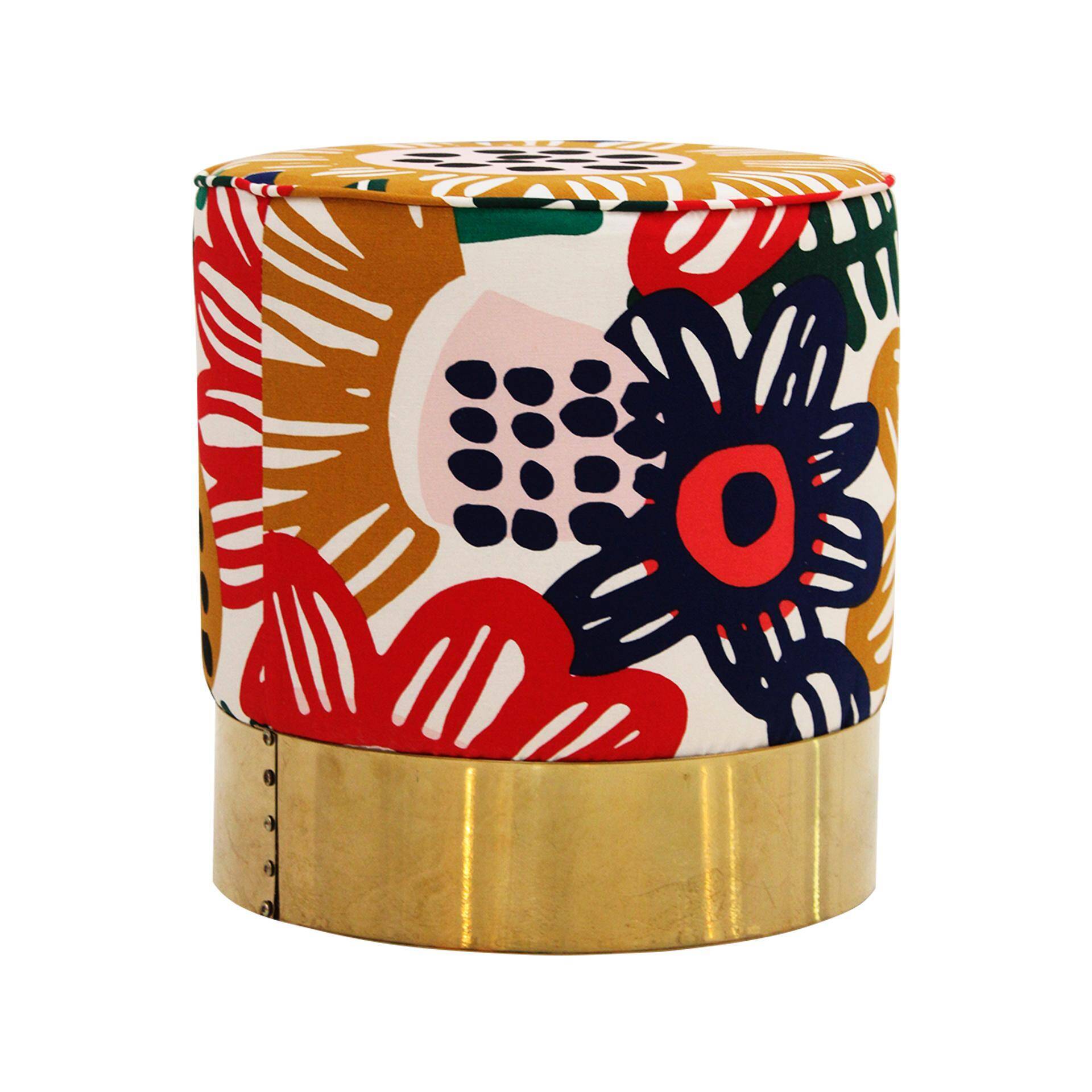 Contemporary Multicolour Floral-patterned Fabric and Brass Italian Circular Pouf