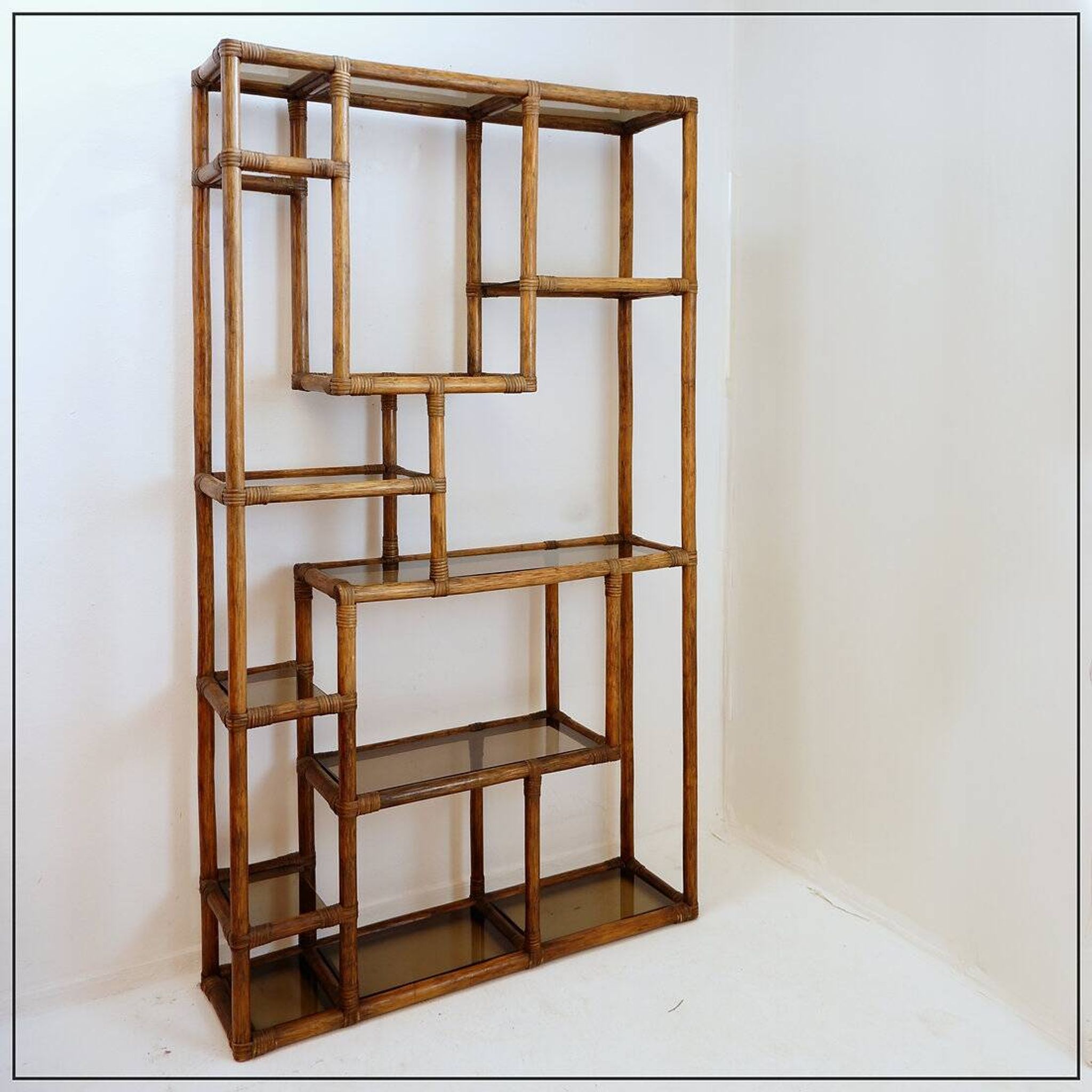 Asymmetrical shelf in bamboo and smoked glass - 1970s