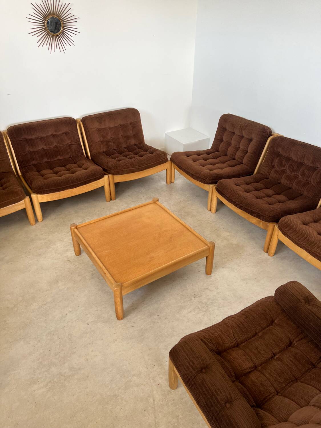 Old modular living room 7 armchairs and vintage Scandinavian design coffee table from the 60s
