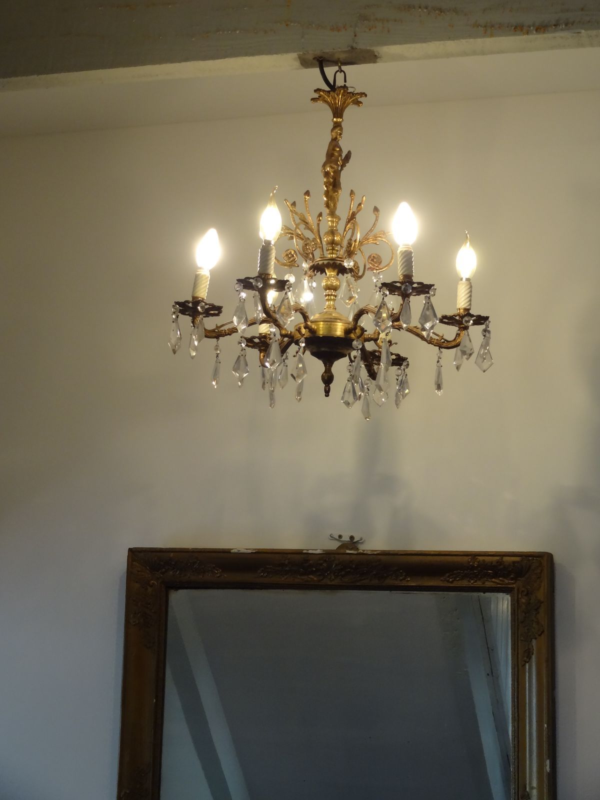Golden bronze and crystal chandelier