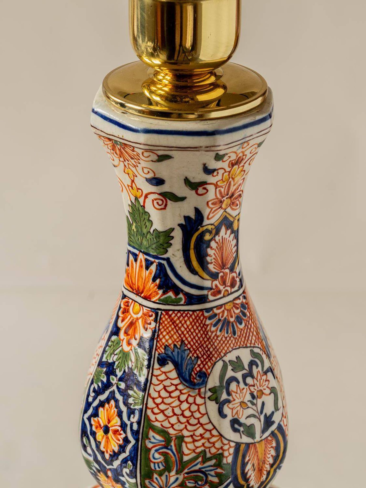 Delft-style ceramic table lamp from France around 1900 with a new blue velvet shade.