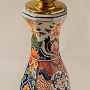 Delft-style ceramic table lamp from France around 1900 with a new blue velvet shade.