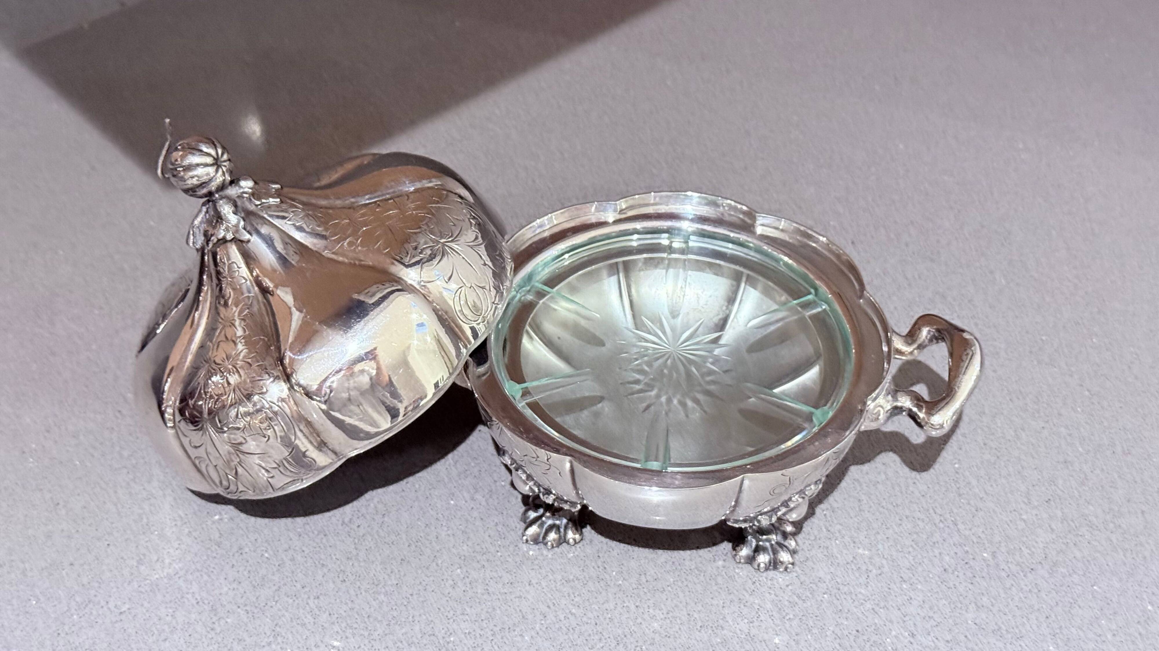 Antique Decorative Caviar Dish Caviar Serving, Silver Quadruple Plate Lid, Spoon