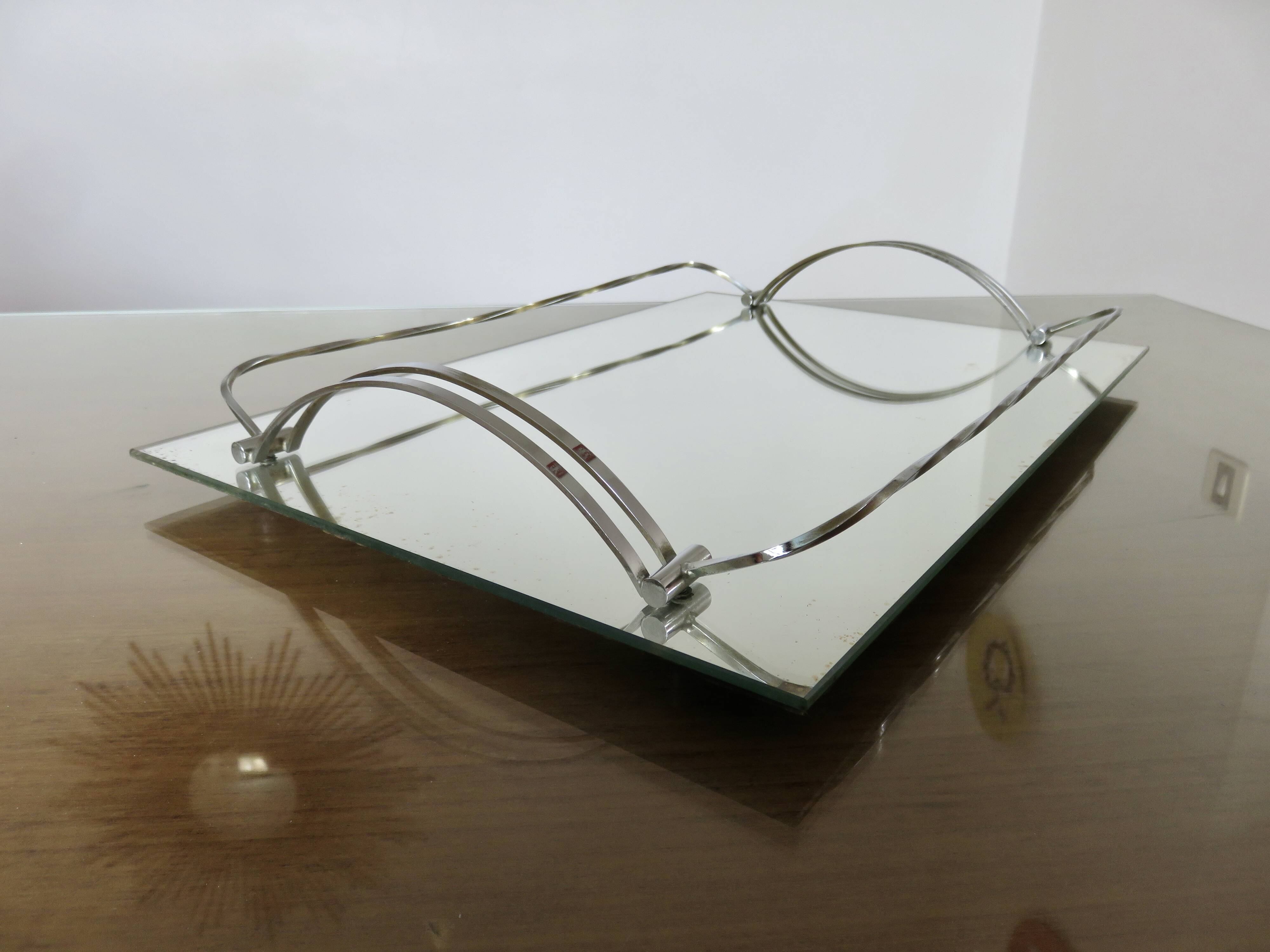 Ancien plateau miroir français en laiton chromé, art déco, années 20 30