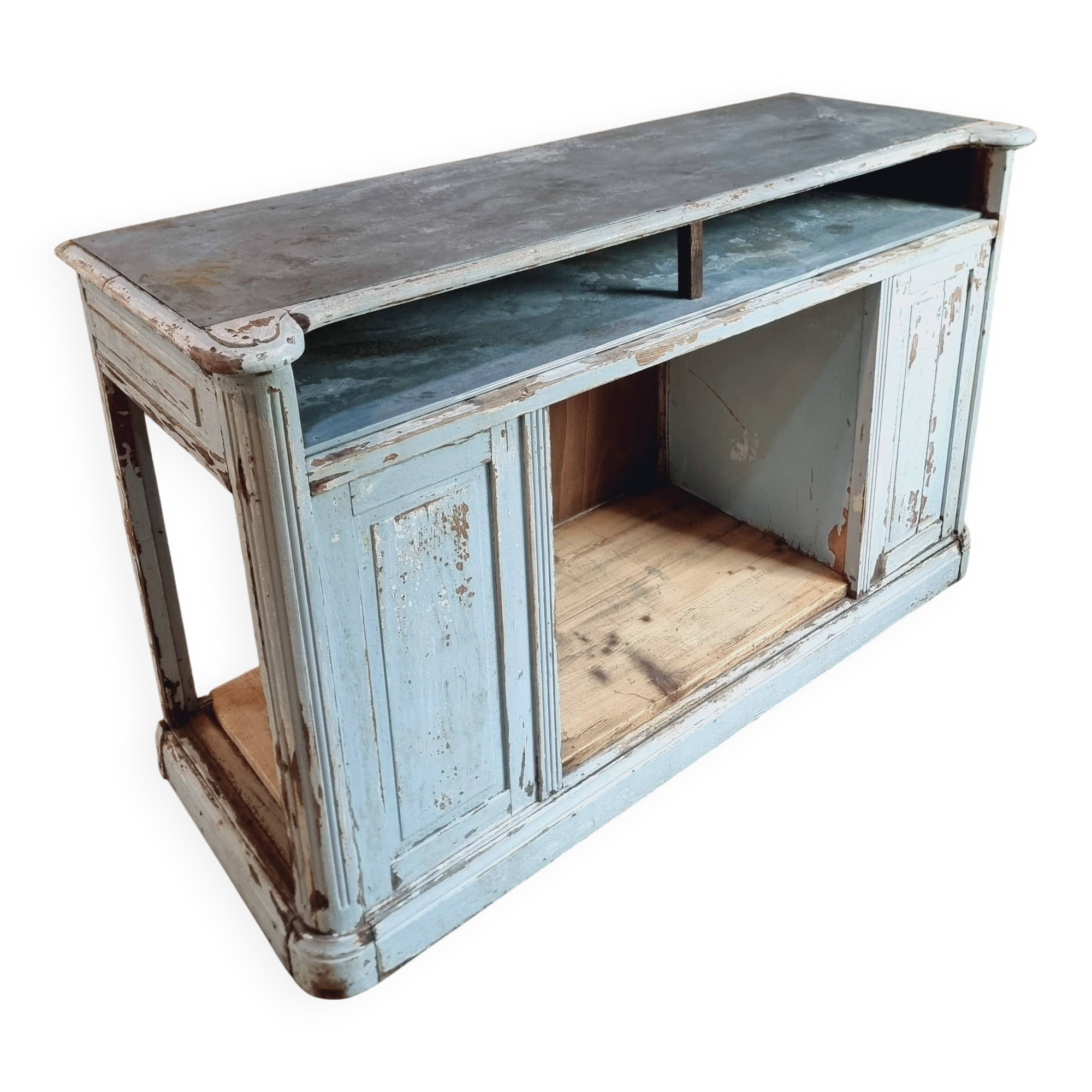 Comptoir ancien en chêne avec plateau en zinc et patine bleue