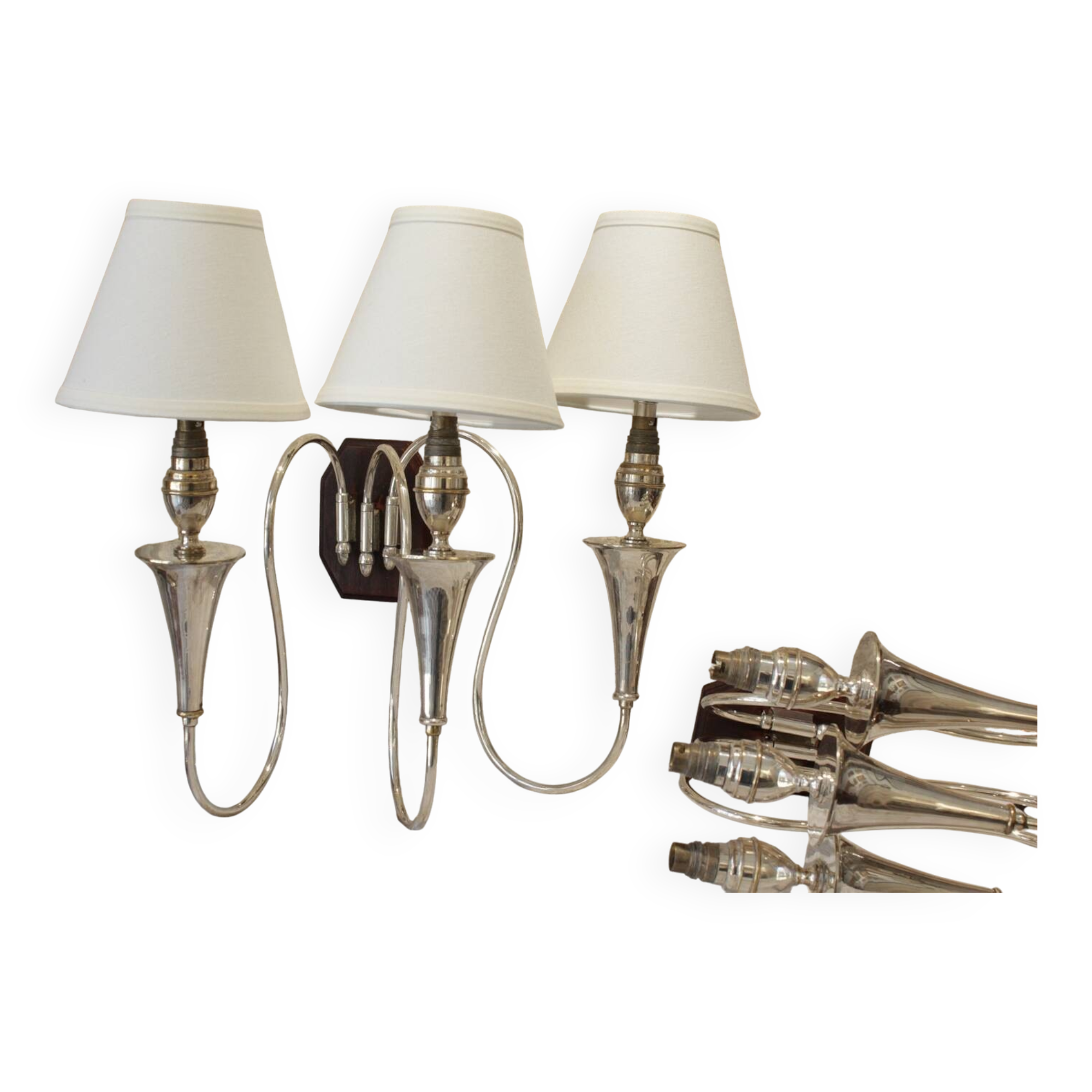 Pair of 3-arm wall lights in silver metal, 1940-1950