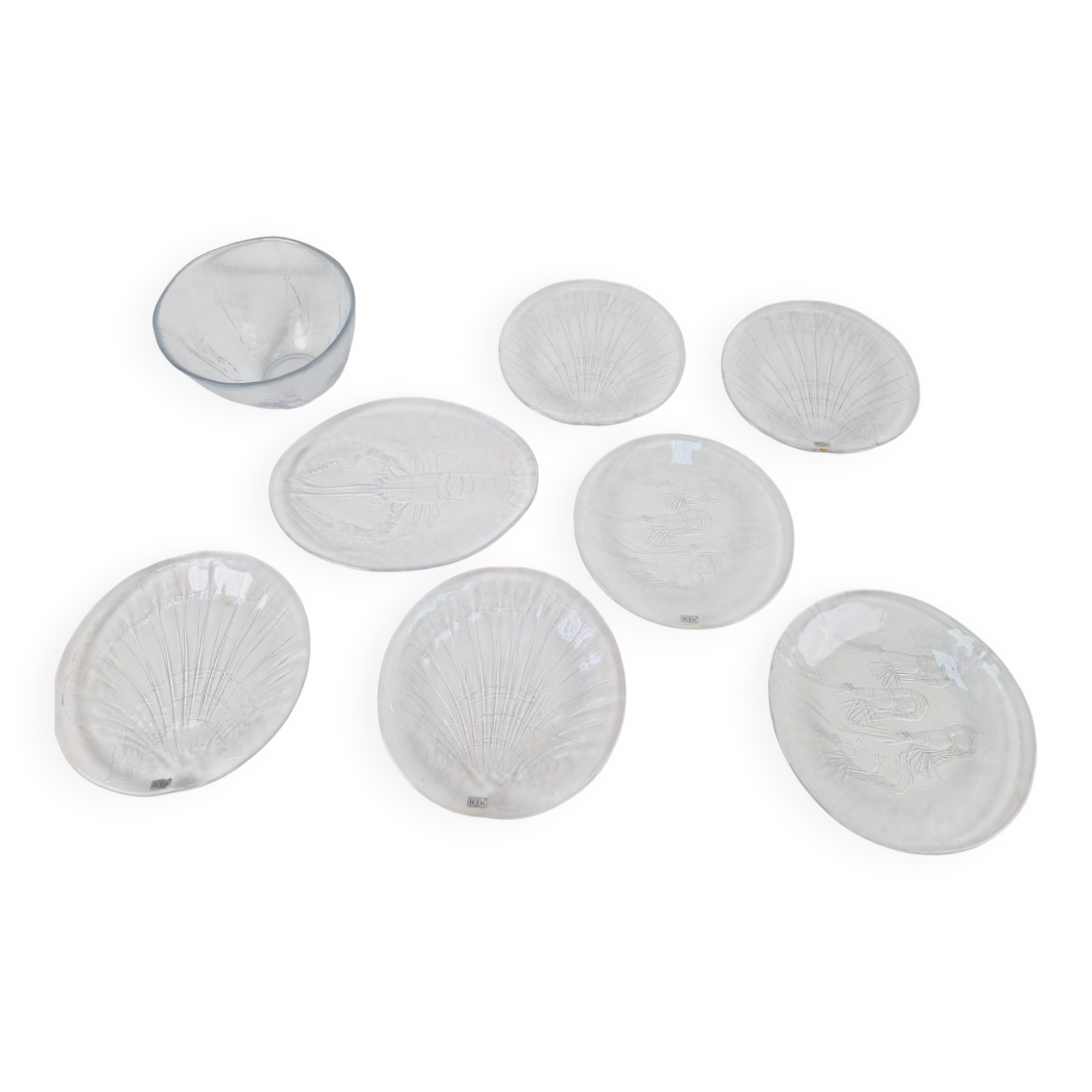 Vintage Glass Seafood Serving Bowl, Plate and Dinner Plates by Ann Warff for Kosta Boda, Sweden, 1970s, Set of 8