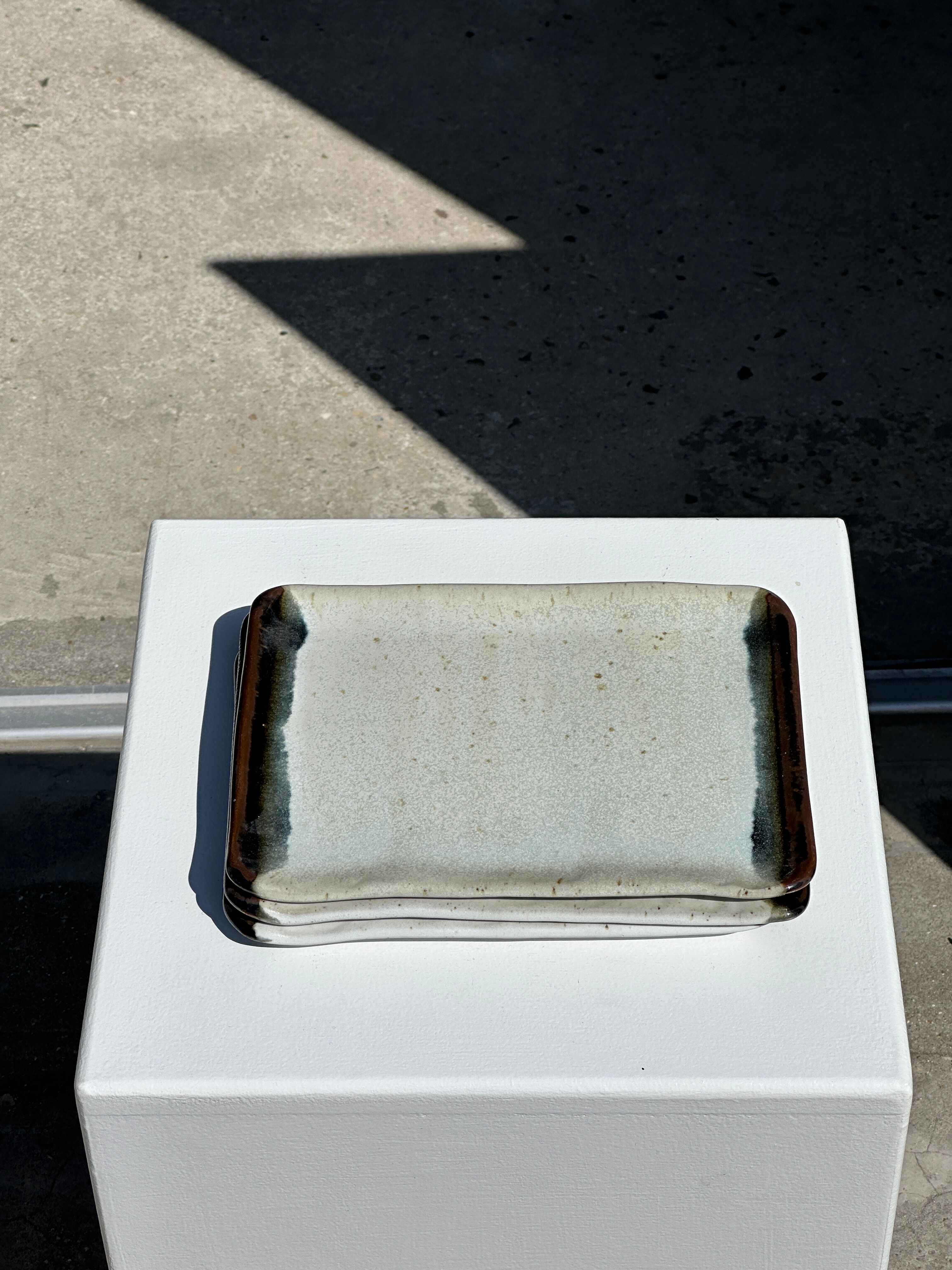 Trio of small rectangular serving dishes white and black Indonesian ceramic 21x16