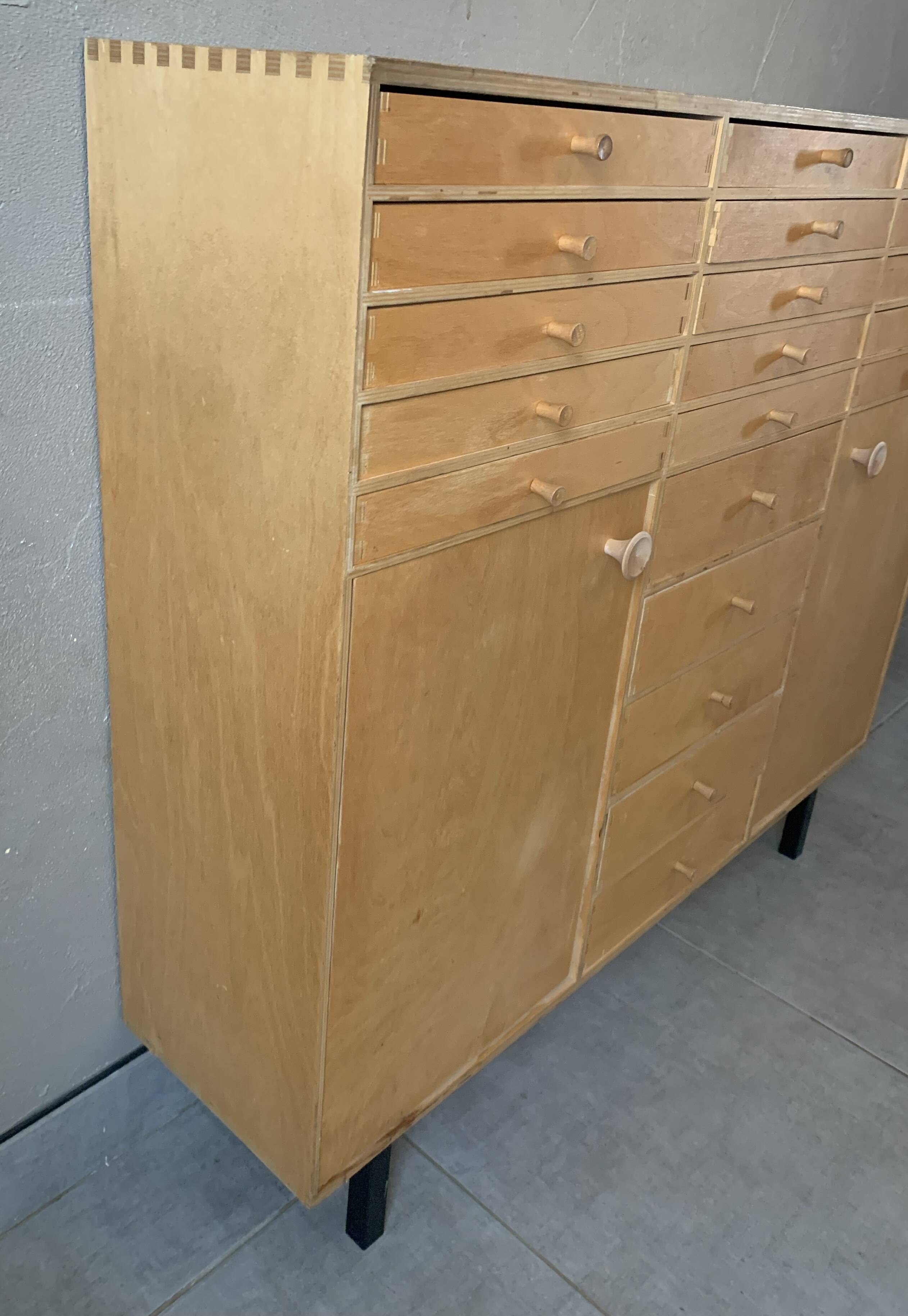 Vintage 20-drawer craft cabinet, 1960s in raw wood