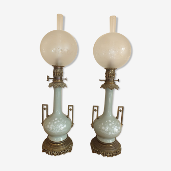 Pair of oil lamp in porcelain Celadon and bronze Napoleon III 80cms