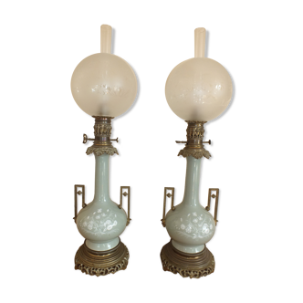 Pair of oil lamp in porcelain Celadon and bronze Napoleon III 80cms