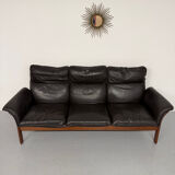 Vintage black leather Dreipunkt Scala design 3-seater sofa in teak.
