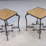 Pair of wrought iron side tables with oak tops, French work